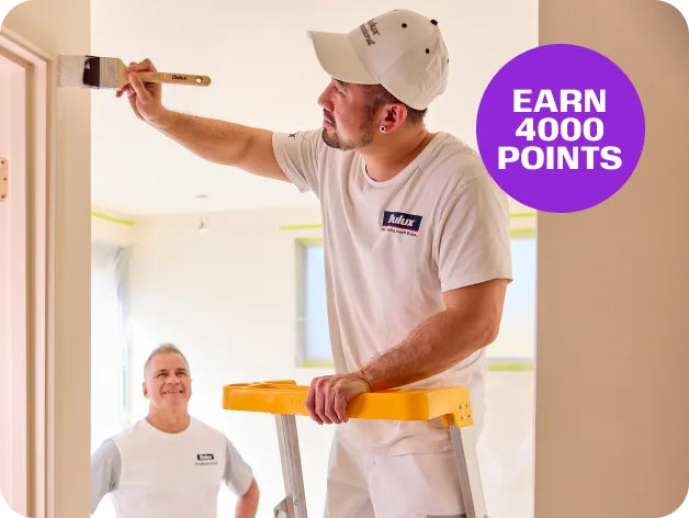 Painter on a ladder painting a door frame with a painter in the background advertising the 4000 bonus points offer on all training courses for June 2026