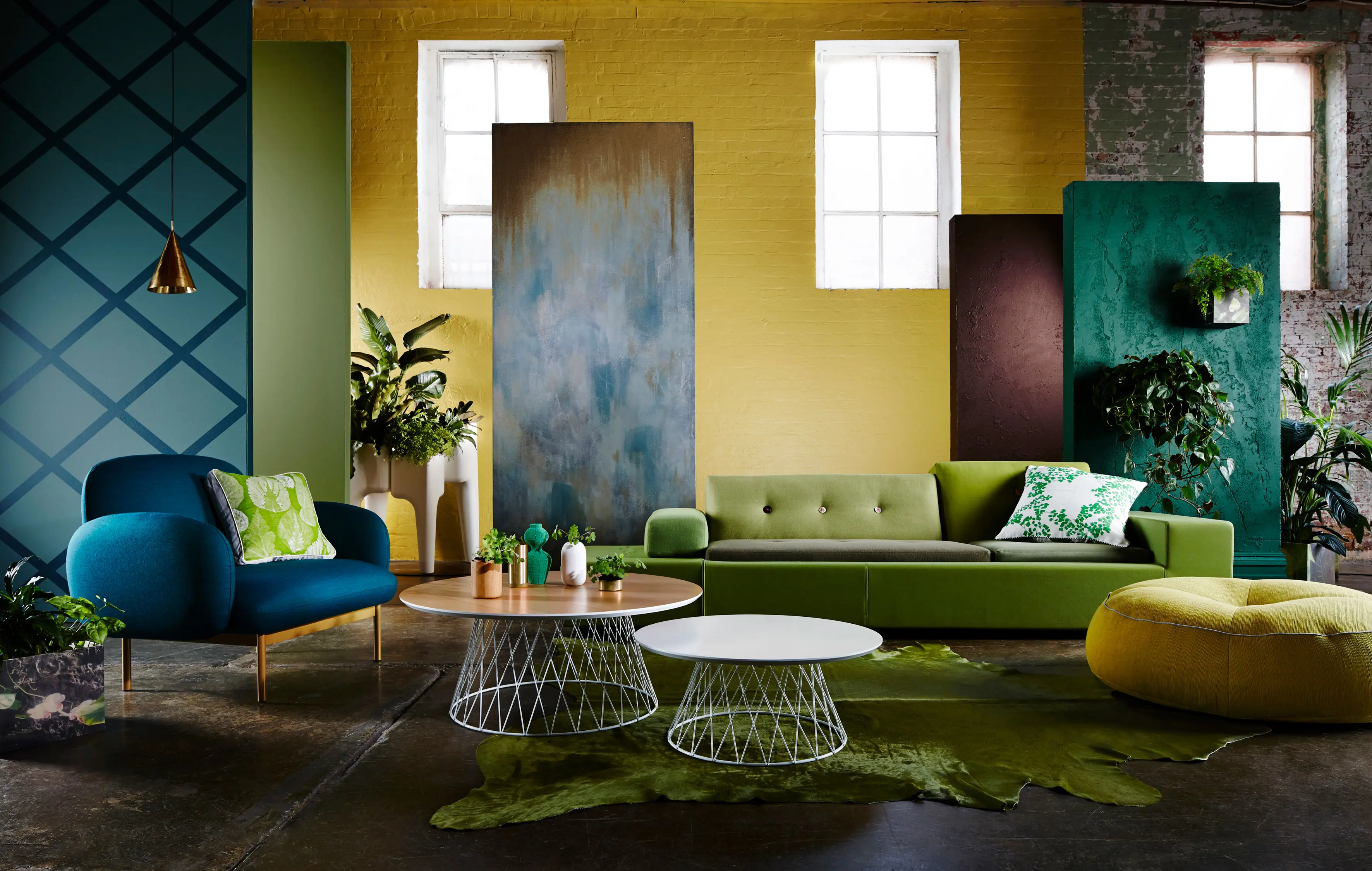 Blue, green, yellow and brown living room.