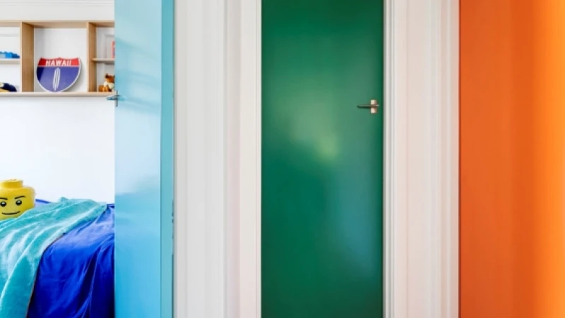 Green door, orange door and blue door, child's bedroom.