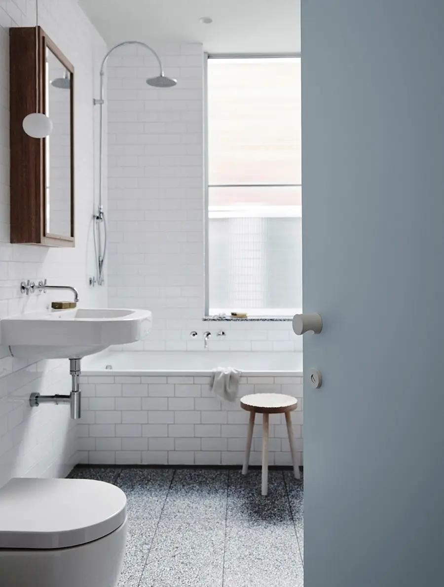 interior white bathroom with blue door.