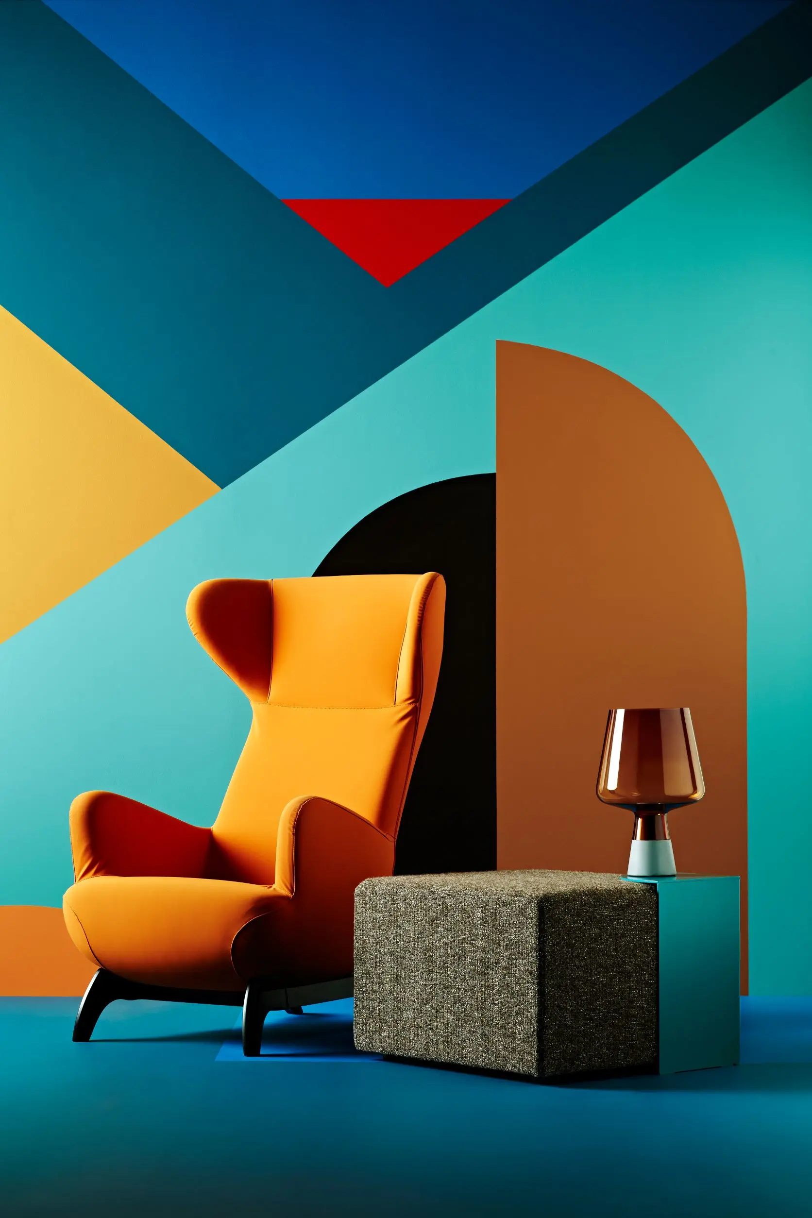 Living room with yellow wingback and colourful wall.