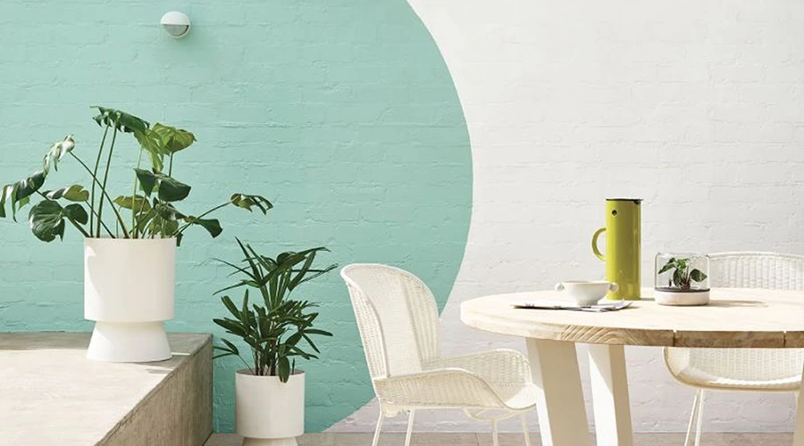 White brick wall with green circle painted on it behind a dining table and plants