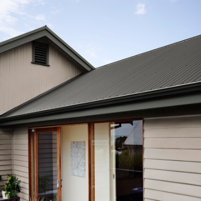 exterior house with black roof.