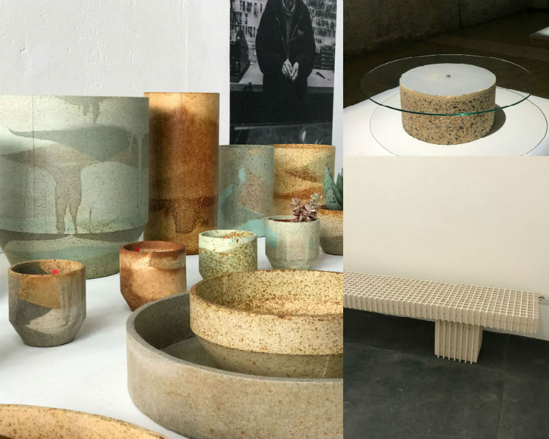 neutral ceramic pots and vessels, glass and concrete coffee table, milan design week
