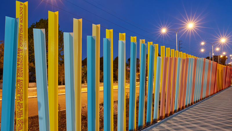 public art - blue and yellow poles