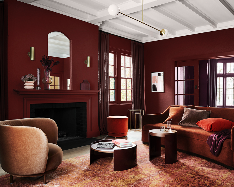overview of red and burgundy living room 