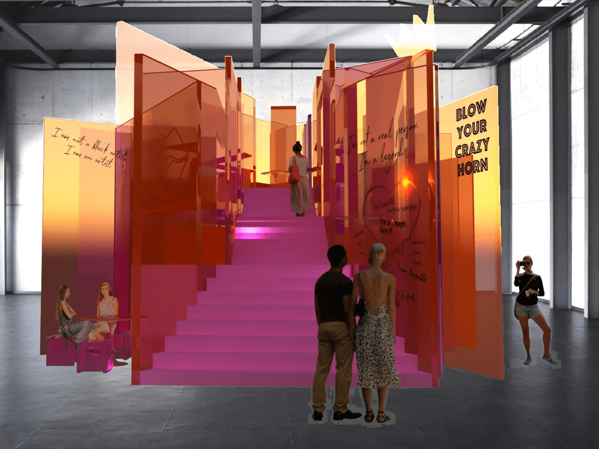 Illustration of people standing in front of orange and pink pop-up cafe in industrial shed.