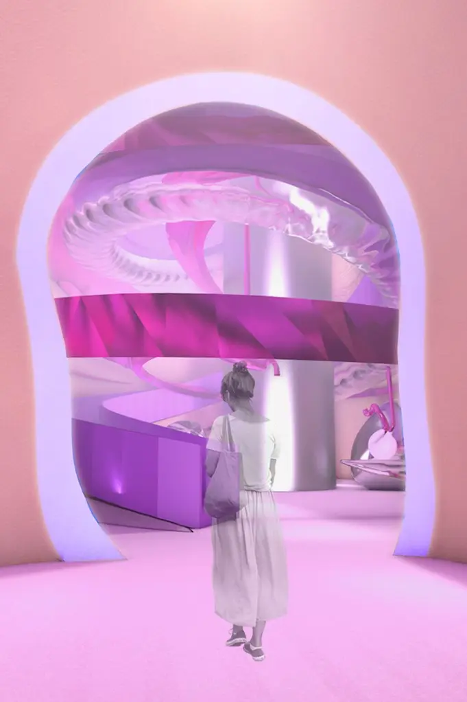 Abstract render of a woman in a pink room with an archway