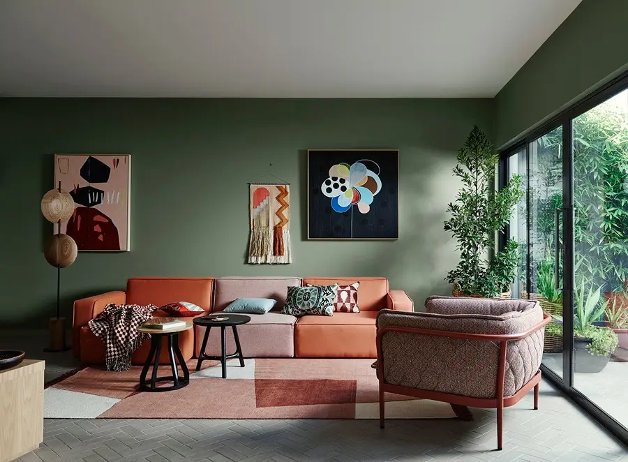 interior lounge in green with orange and red details.
Herbalist - wall