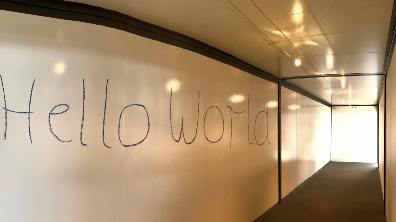 interior hallway with 'hello world' on wall.