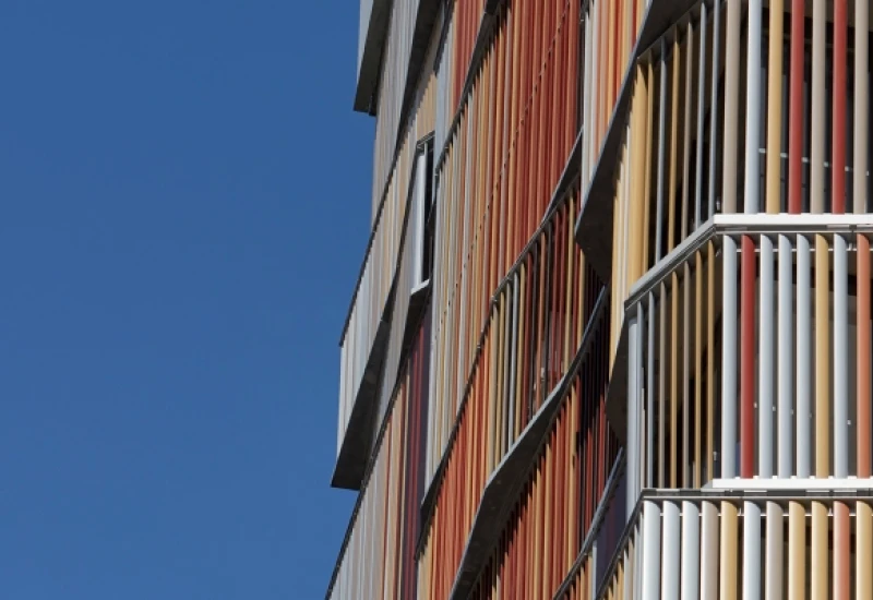 External multi-coloured louvres on commercial building