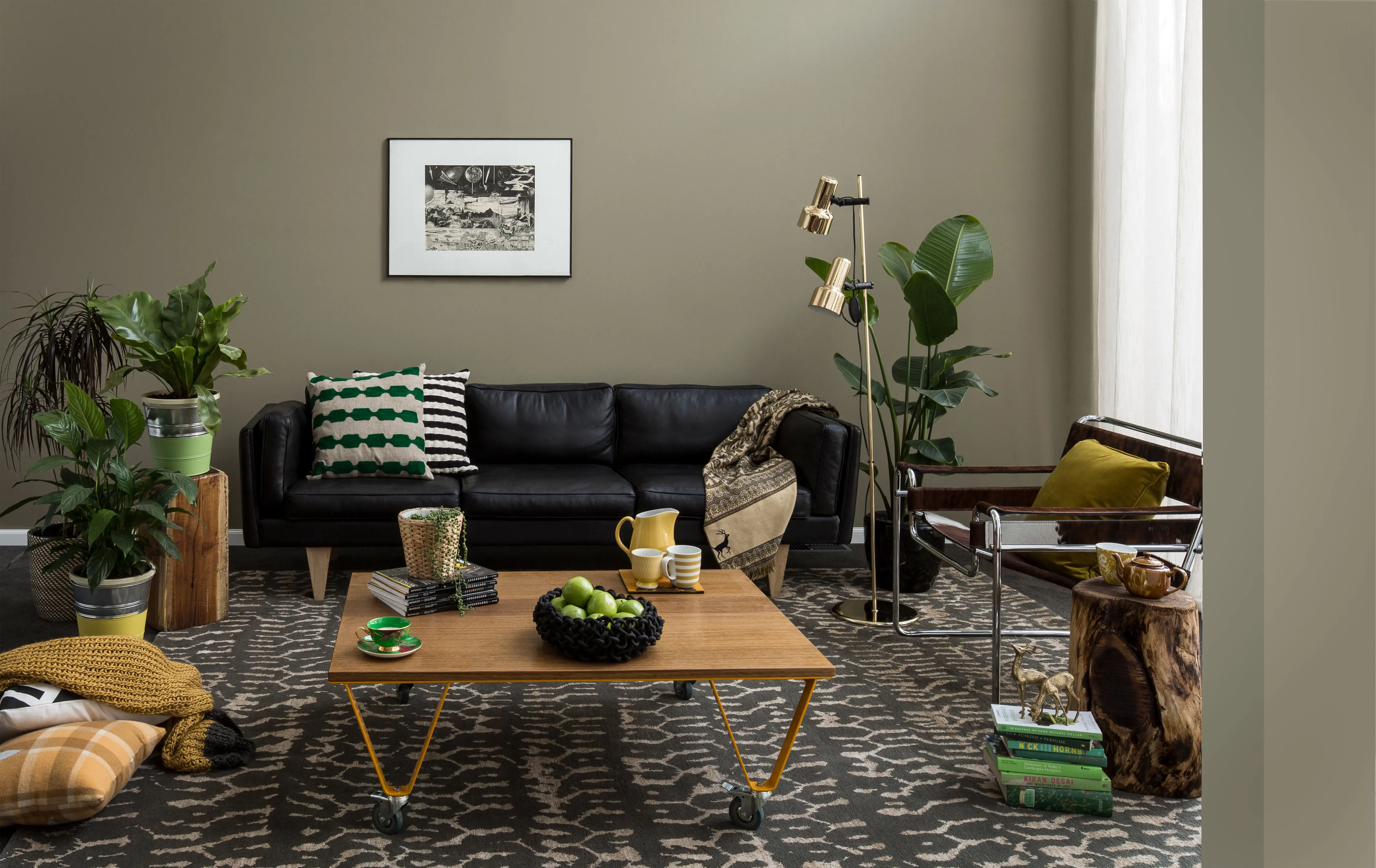Olive green living room with black couch. Colour Forecast 2013 - Seek palette