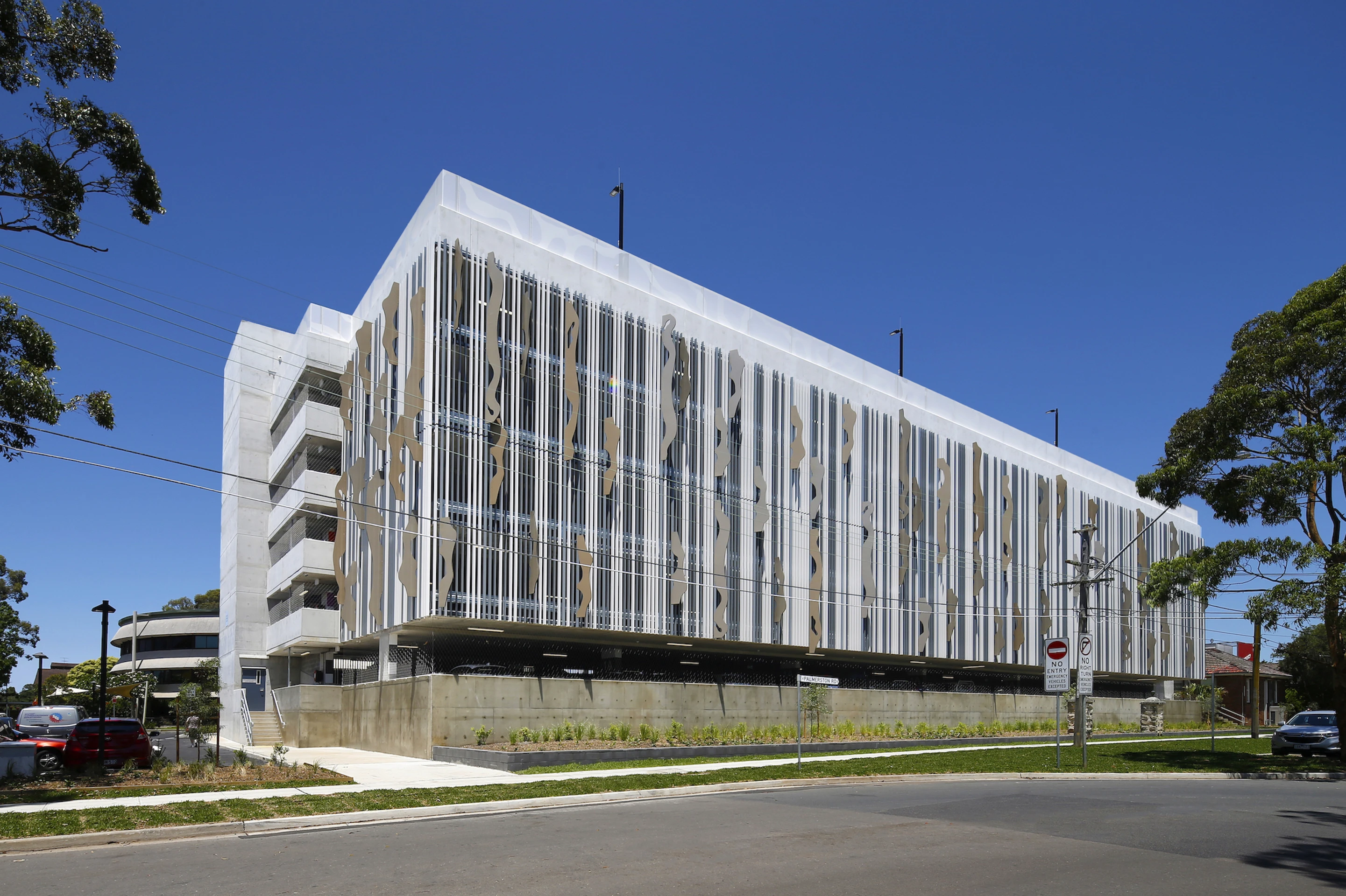 White multi-storey car park structure