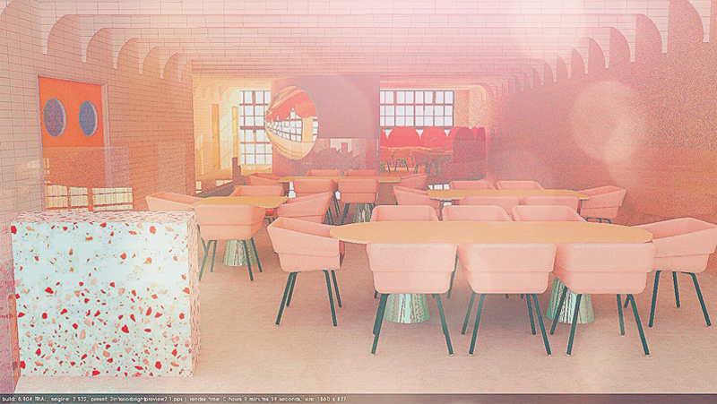 restaurant with pink chairs and timber dining tables