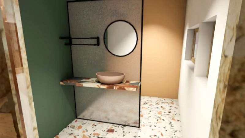 Modern bathroom with traventine floor