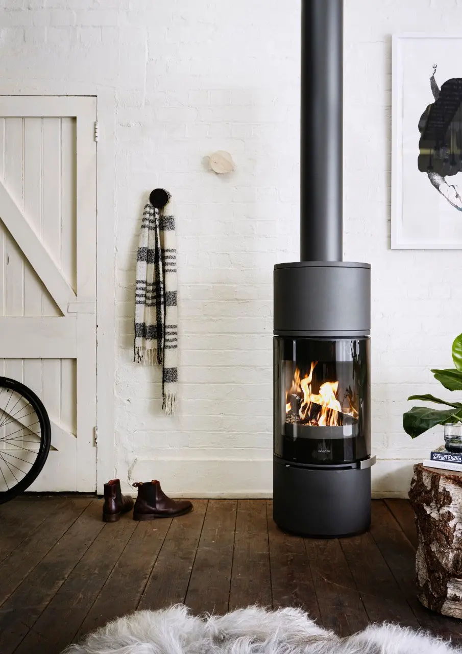 Fireplace and white door