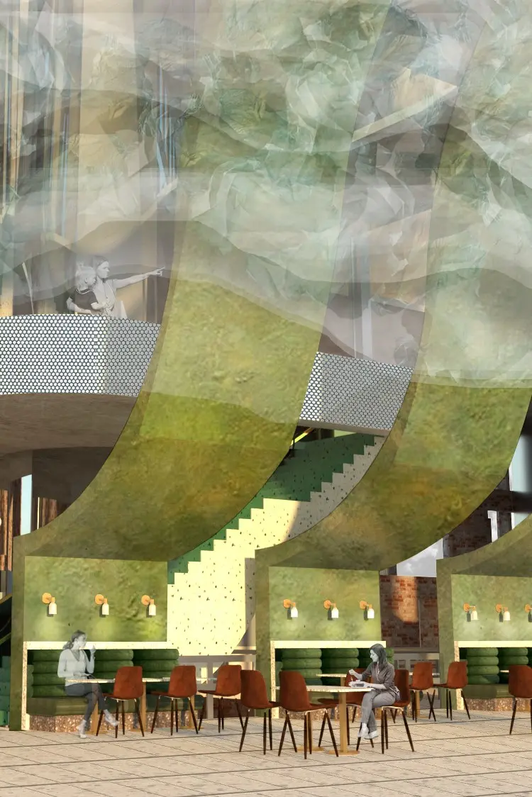 Render of shopping are with green steps and balcony