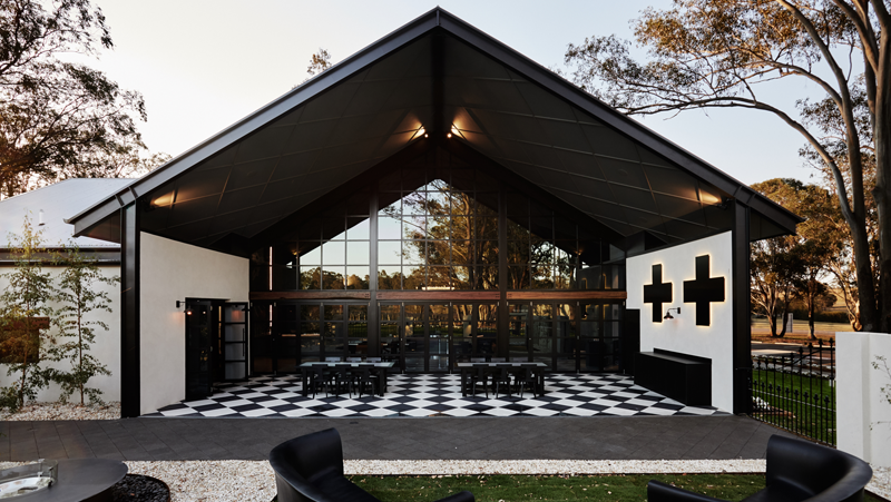 exterior outdoor seating area, black and white.