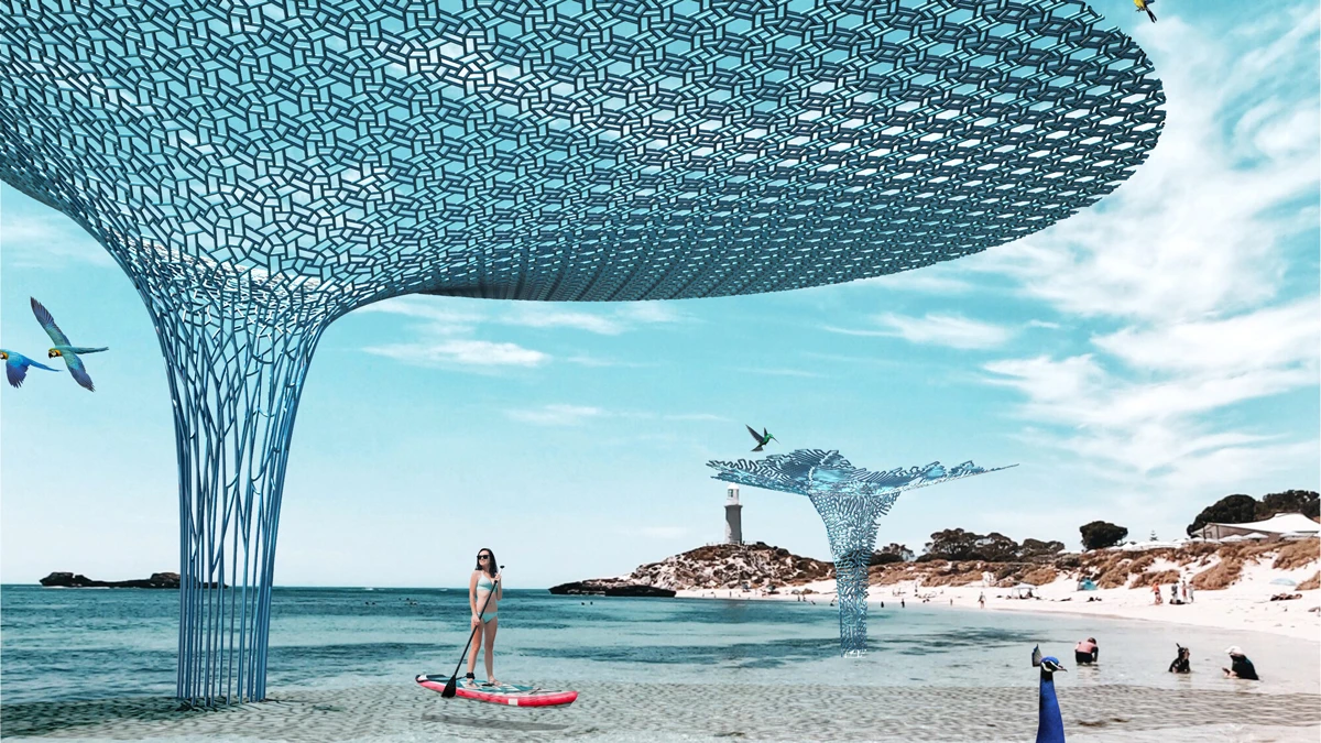 Virtual reality view of beach with giant sculptures coming out of water.