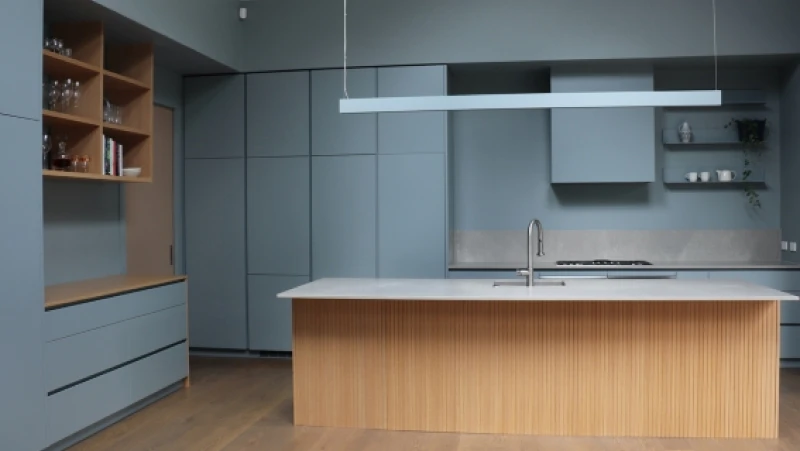 Blue and timber kitchen