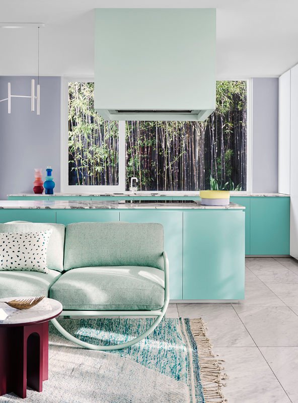 A teal kitchen island bench