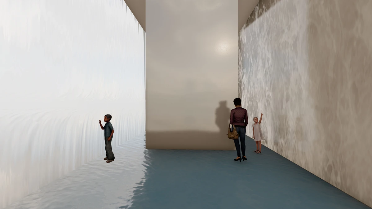 Graphically designed water flowing down wall with animated people in large museum like area.