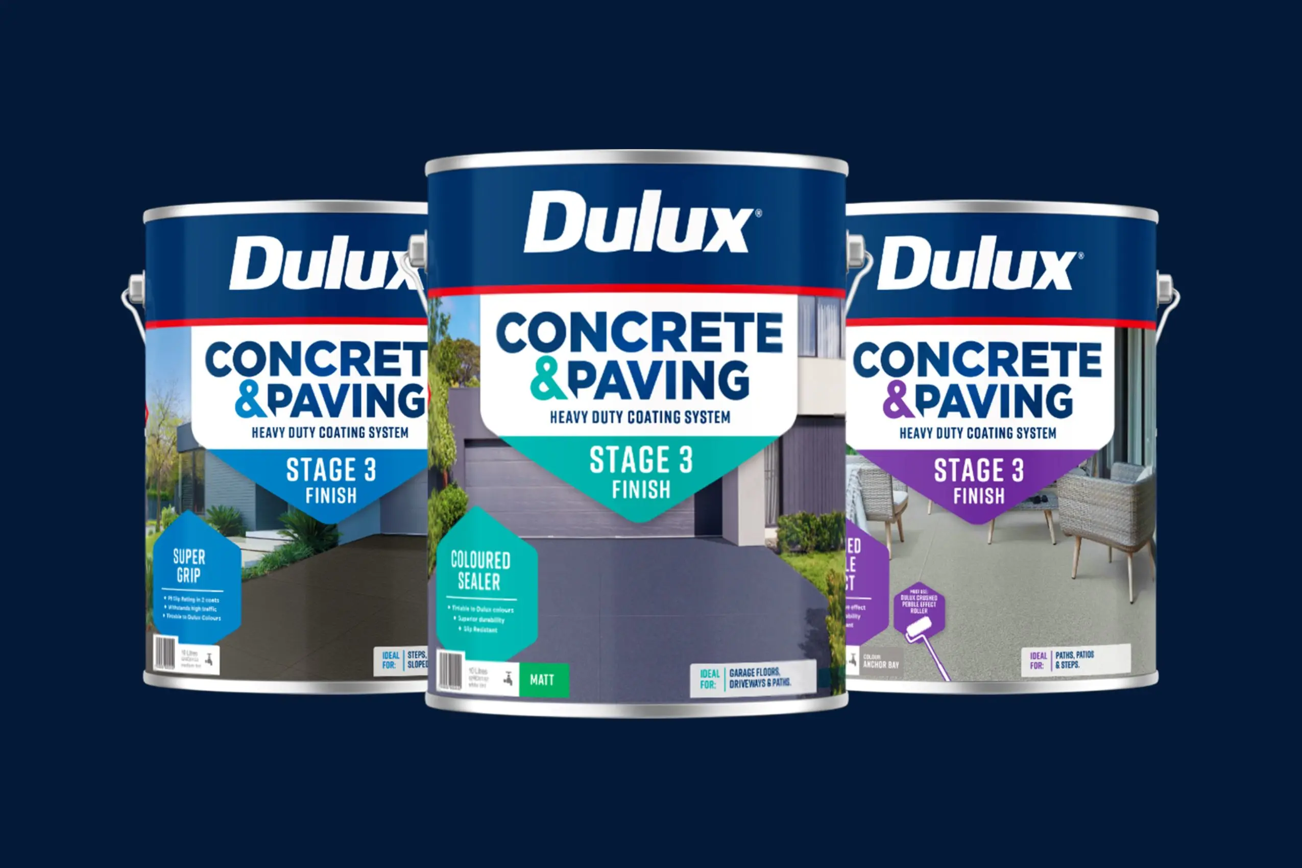 Three cans of Dulux Concrete & Paving
