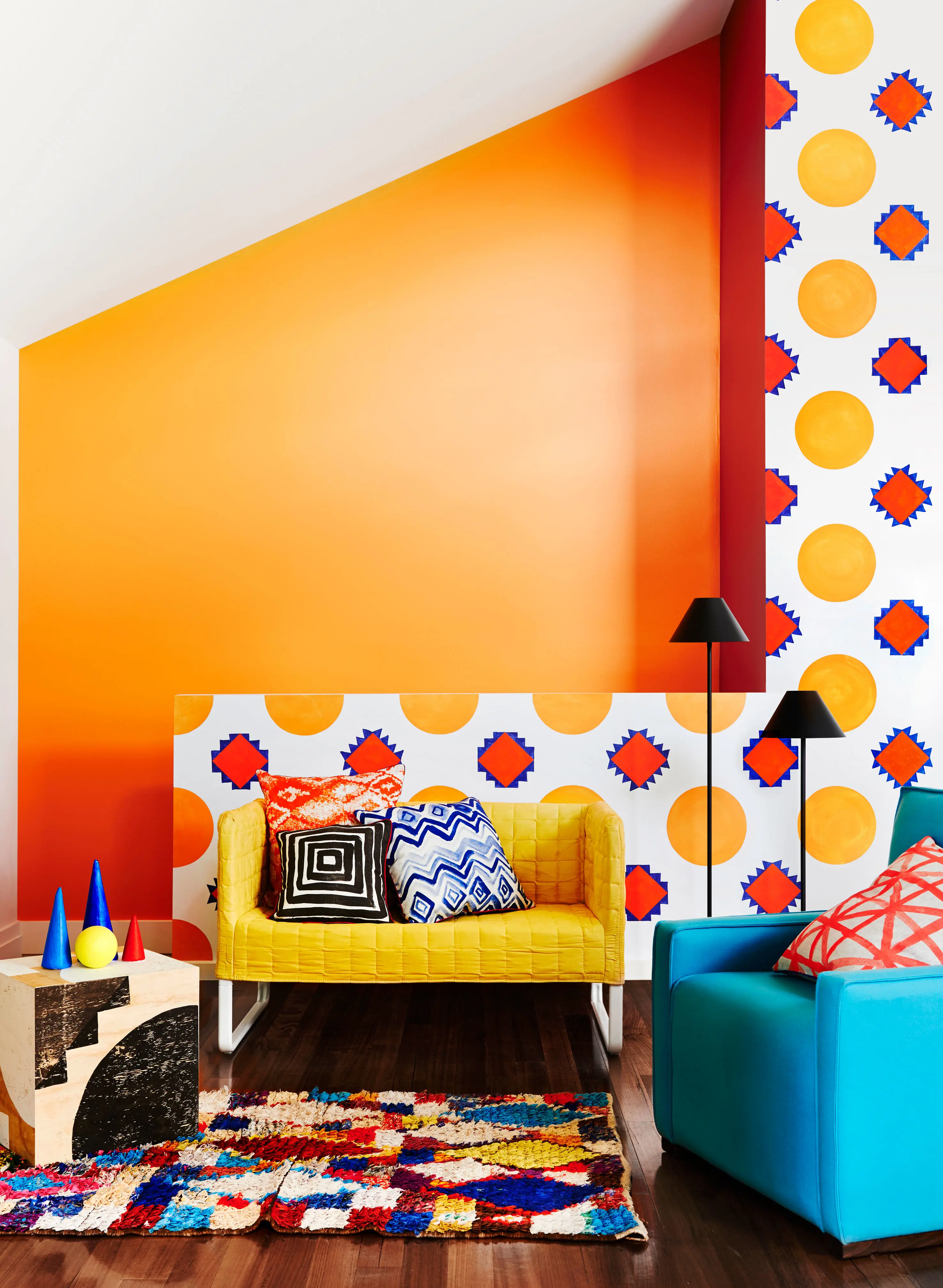 Orange, white and red living room with yellow couch