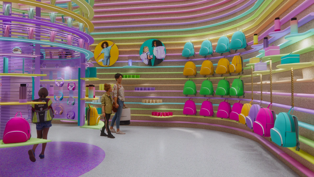 Colourful shelves with products and animated people walking through.
