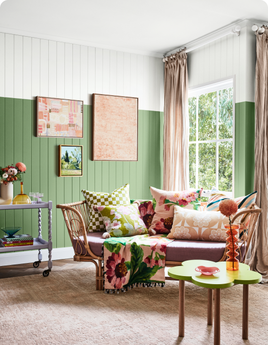 Dulux Celery Green featured on wall panelling in living room 