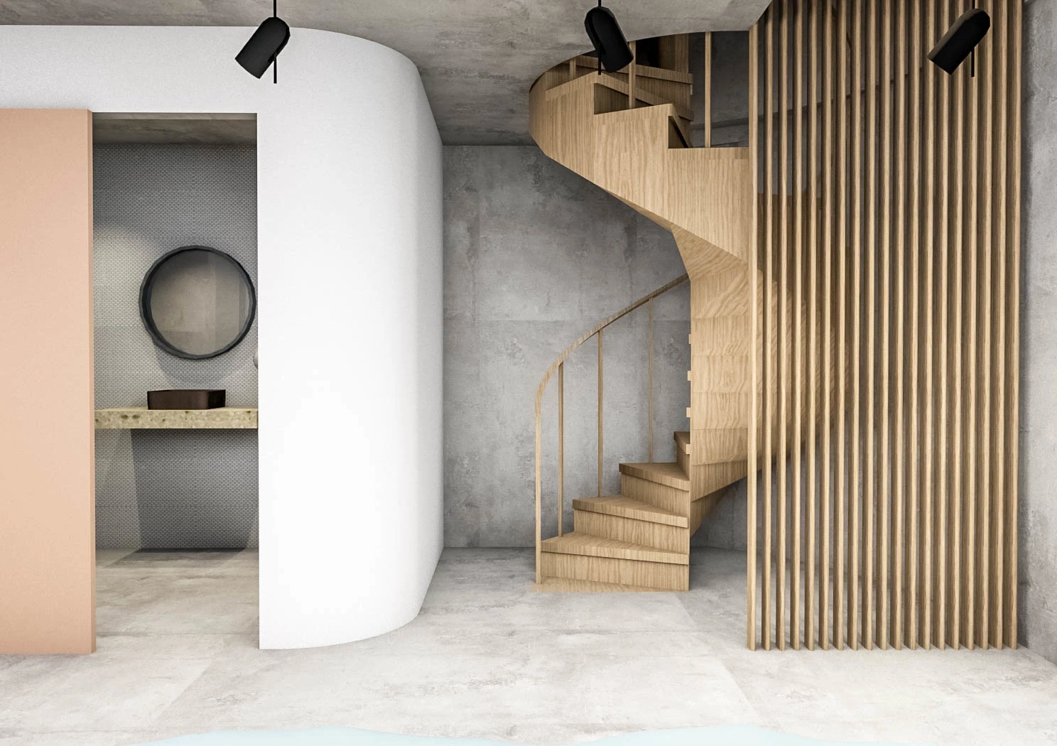 Timber spiral staircase with concrete wall and floor