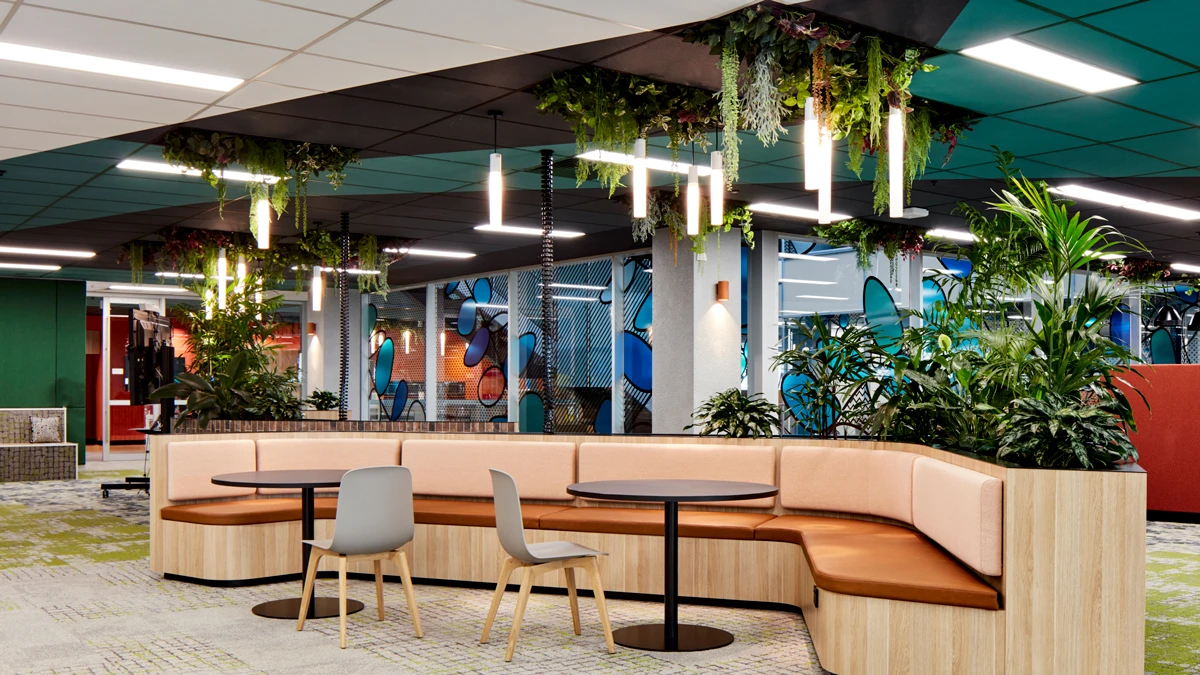 Interior of ANZ Melbourne office. Break area with greenery around and hanging from coloured roof. 