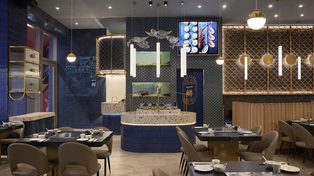 Restaurant with tiles walls and creative architectural design and lighting.