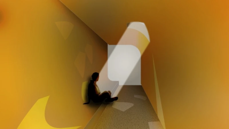 Illustration of yellow hallway with bench seat and light streaming in at one point