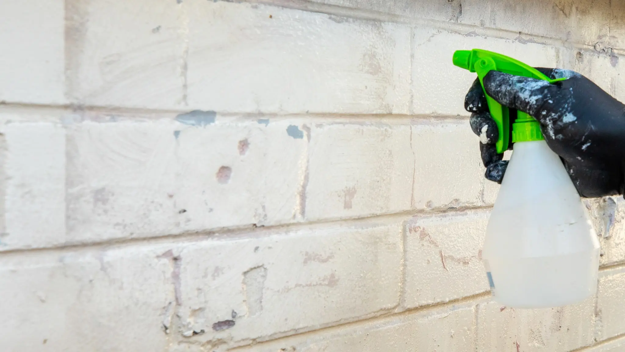 Spray bottle being sprayed onto brick wall. 