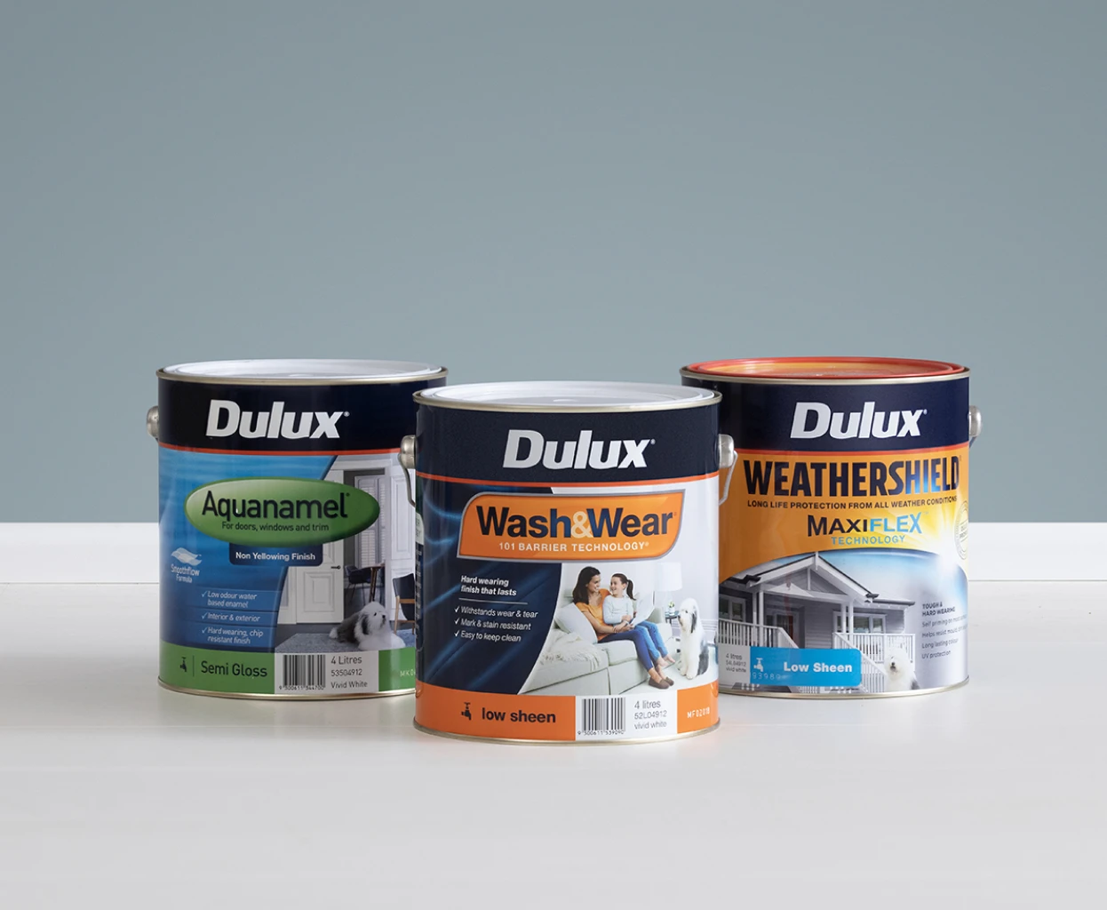 Dulux Wash&Wear, Aquanamel and Weathershield products in front of an interior painted wall