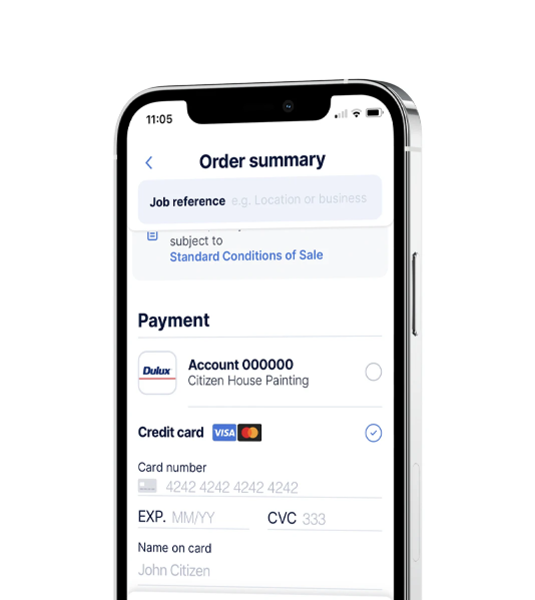 Trade Direct App order summary screen showing pay by card on a mobile