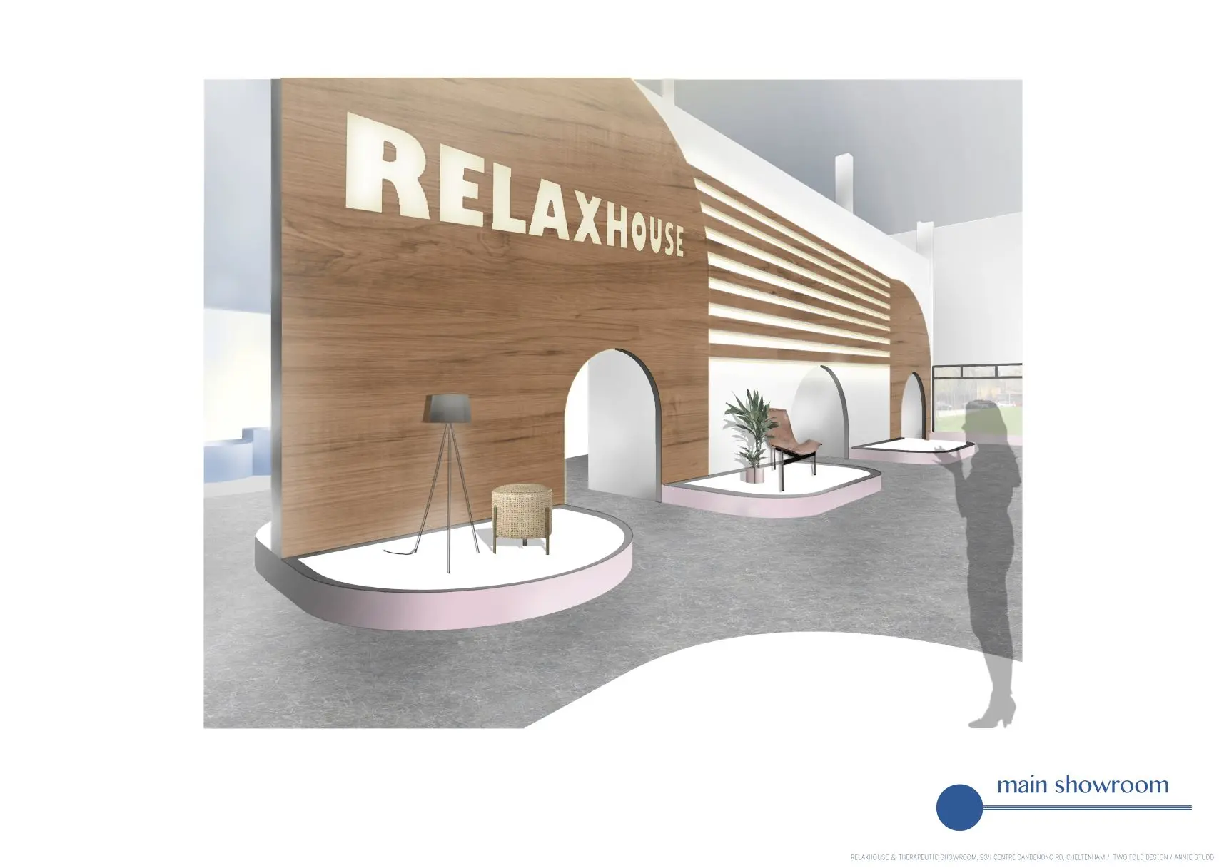 Illustration of furniture showroom with timber installation.