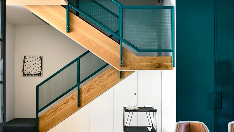 White, teal and timber stairs