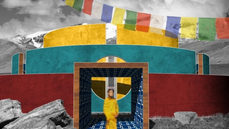 Illustration of yellow, teal and red tiered building with Tibetan prayer flags