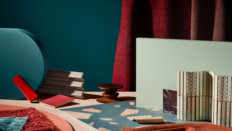 interior table and decor in red and blue.