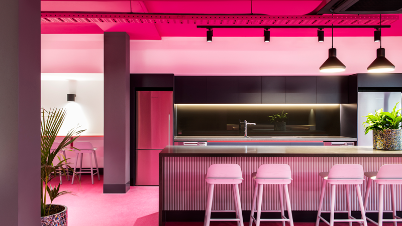 Pink office kitchen.
