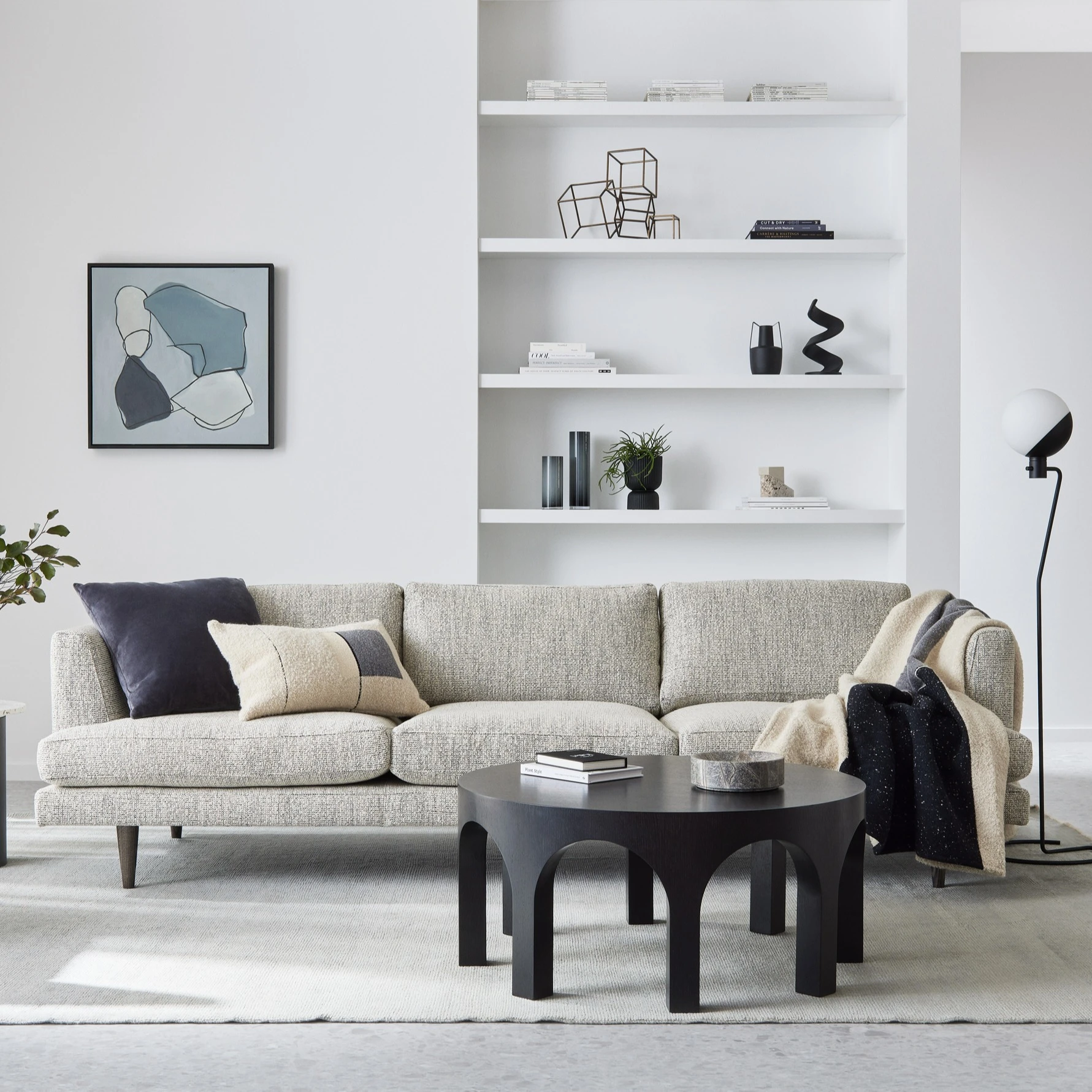 Living room with coffee table, couch and other decorative items on shelves behind couch.