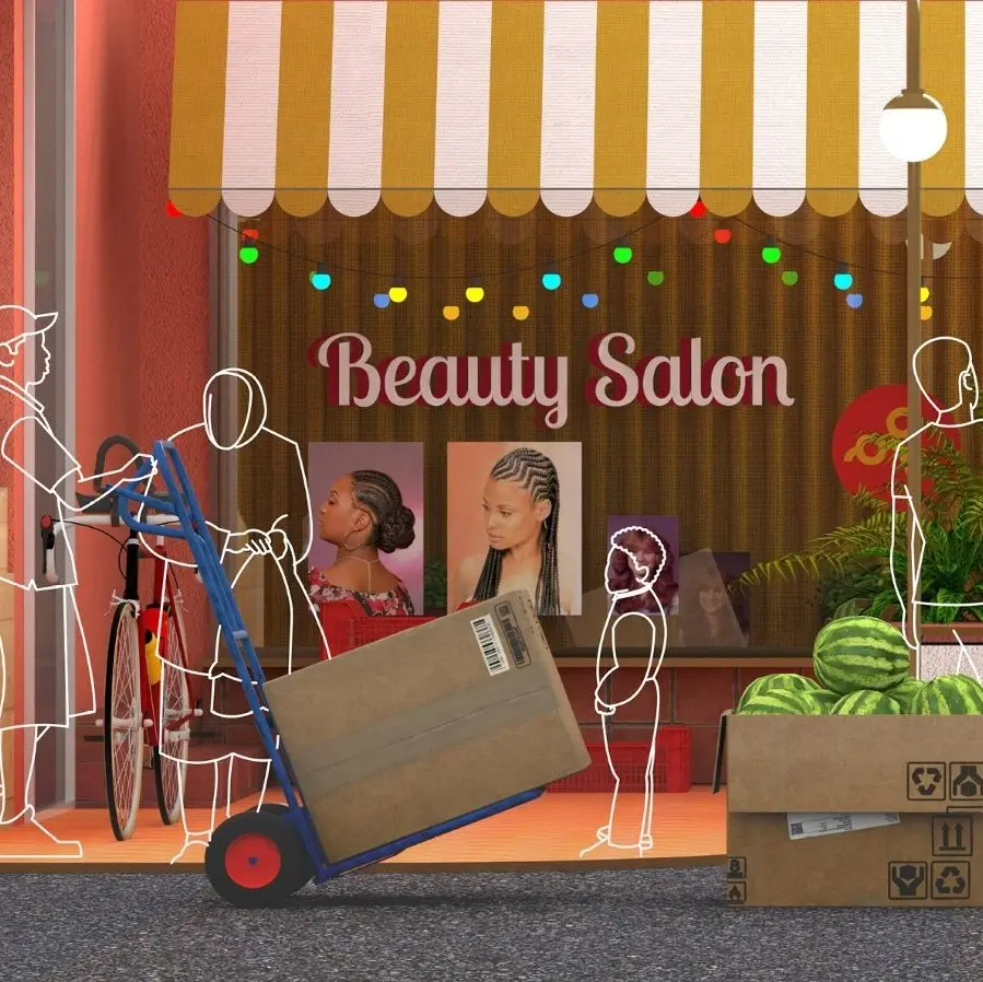 illustration of a man with bag trolley with boxes with woman and child outside a beauty salon