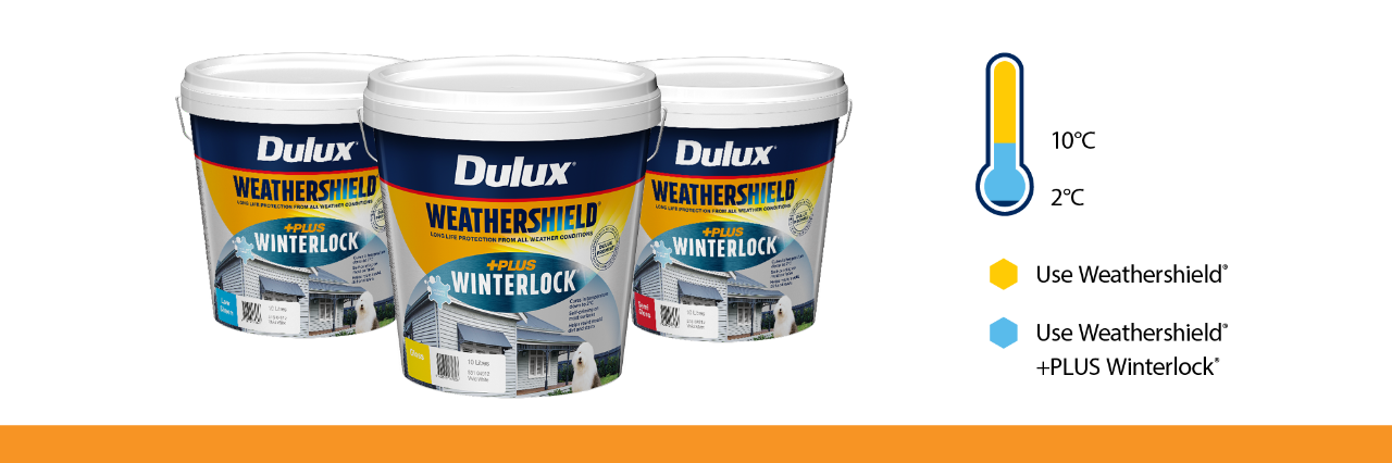 Three Weathershield +PLUS Winterlock paint buckets lined up next to a thermometer showing degrees when you can use it. 