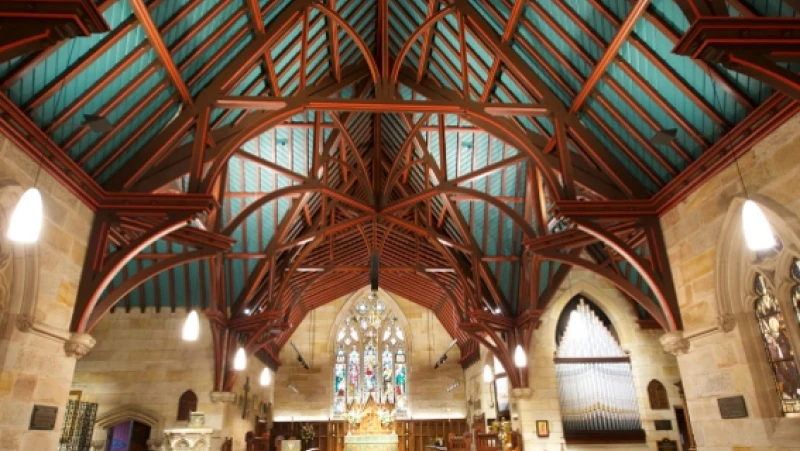 Teal and timber church ceiling 