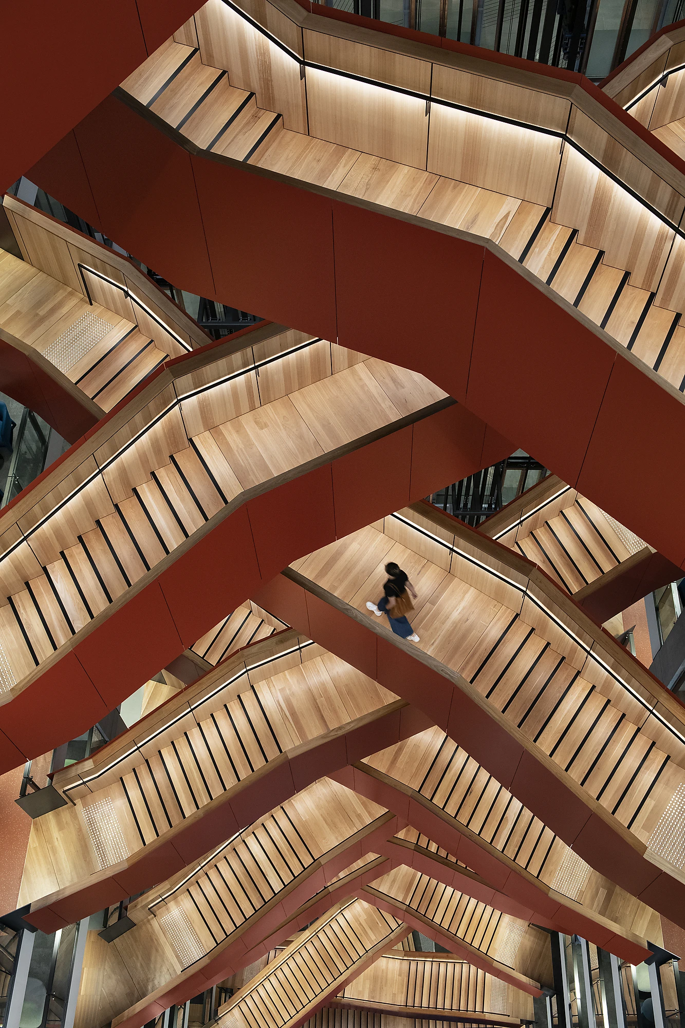 Nine overlapping timber staircases