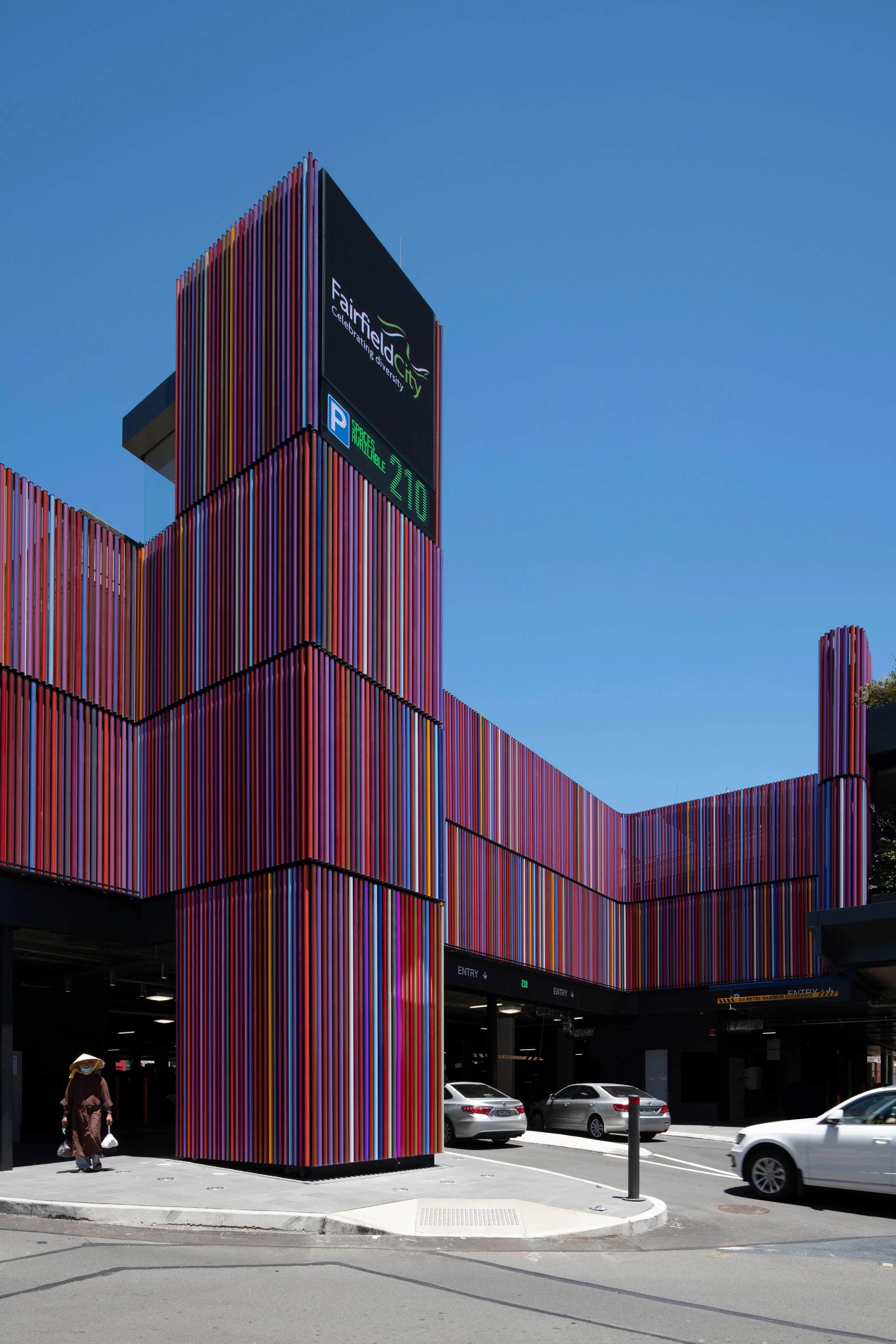 Colourful exterior of three level carpark