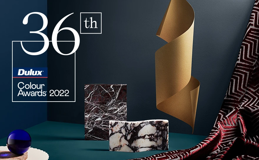 36th Dulux Colour Awards 2022. Flourish colour palette arranged with marble textured blocks and gold ribbon.