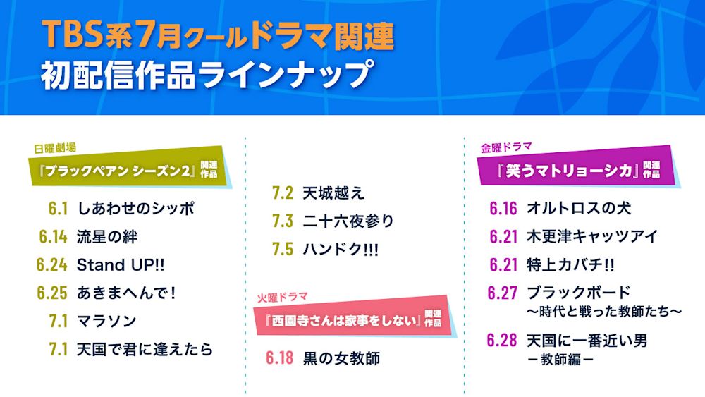 『流星の絆』『黒の女教師』『木更津キャッツアイ』などTBSの名作ドラマが初配信!